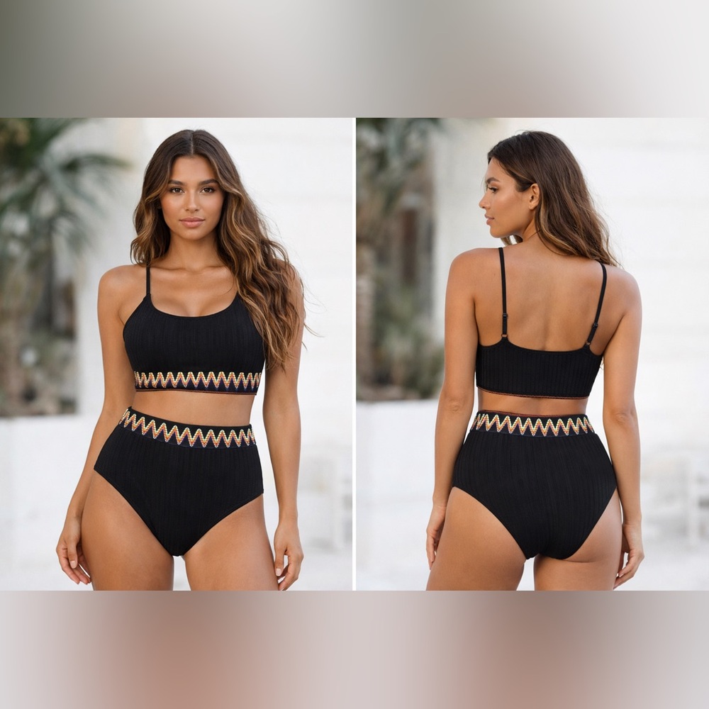 🌊 Zuekanpo Black Textured High Waisted‎ Bikini Set – Size Small
